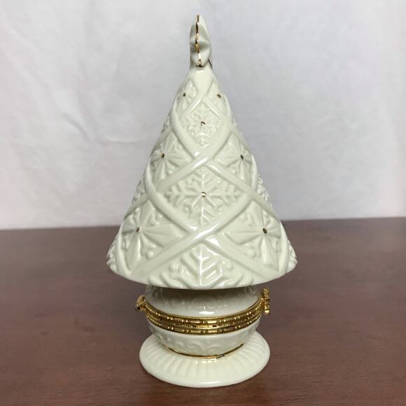 Beautiful White and Gold Tone 6.5" Tall Ceramic Christmas Tree Trinket Box - Picture 3 of 9